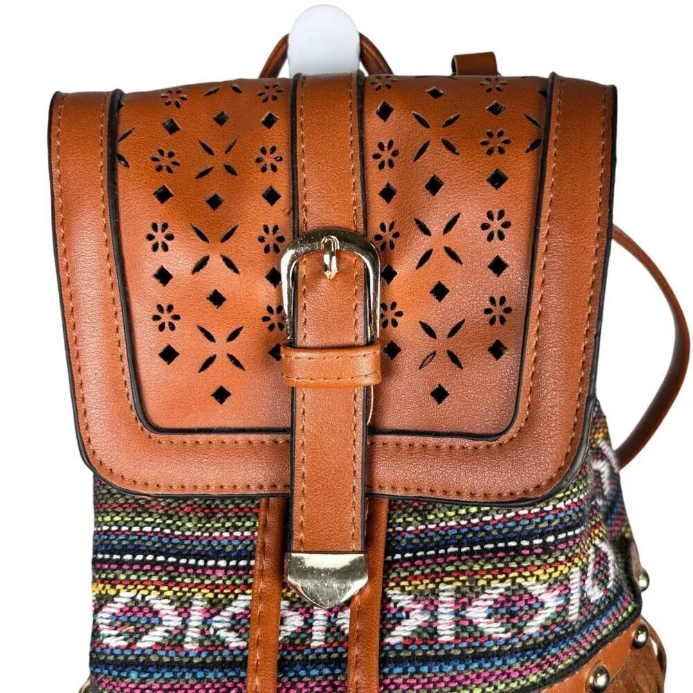 Boho Western Aztec Bucket Bag Fringe Backpack Crossbody Cinched Brown - Picture 2 of 8